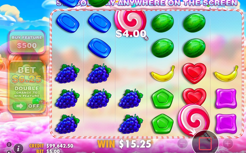 Basisspiel mit 6x5-Raster, Symbolen und Tumble-Feature